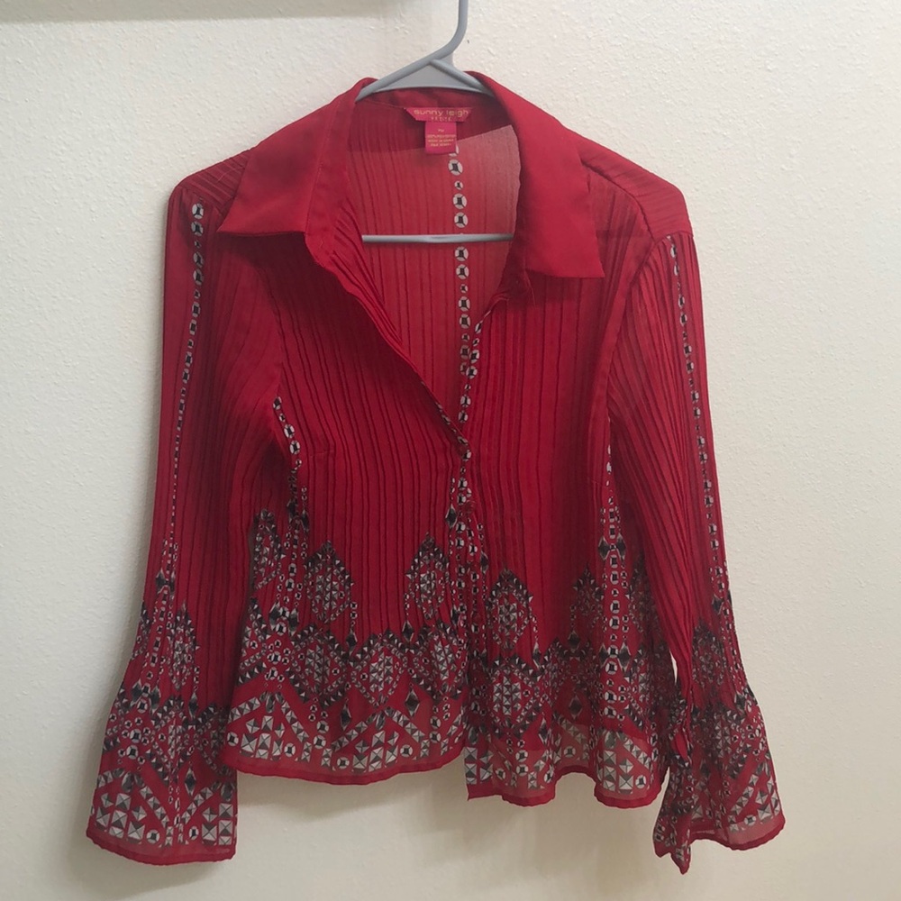 PM Sheer red Sunny Leigh flared business casual button up.